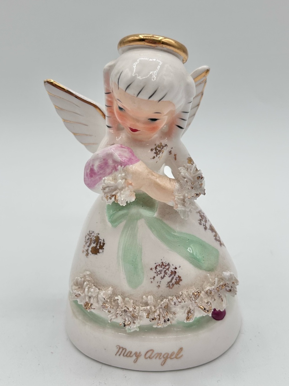 Vintage Napco May Angel Figurine Birthday Month Japan Spaghetti Trim 4.25"